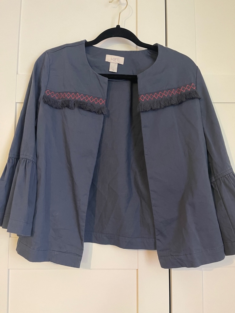 LOFT Blue Fringe-Trim Open Blazer with Pink Embroidery